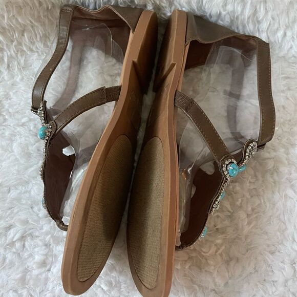 Torrid Brown T strap thong sandals turquoise & rhinestones accents size 13 - Picture 6 of 11